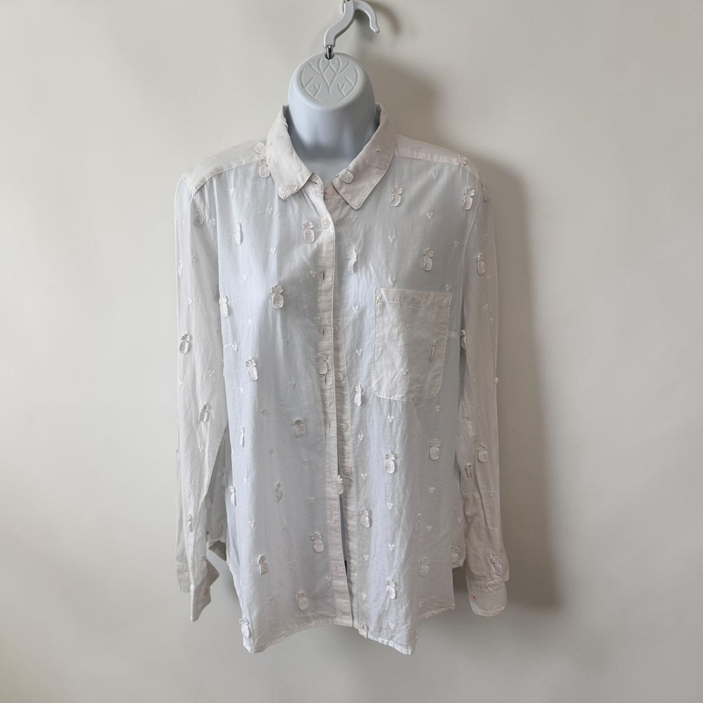 Anthropologie Maeve Sheer Cotton Classic Embroidered Pineapple Button Shirt 14 - Picture 2 of 9